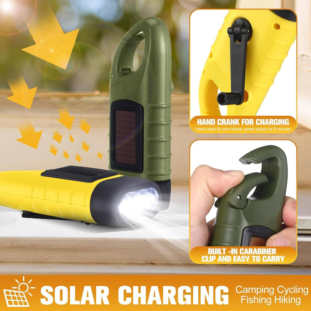 Green and yellow solar hand-crank flashlights with solar panel and handle