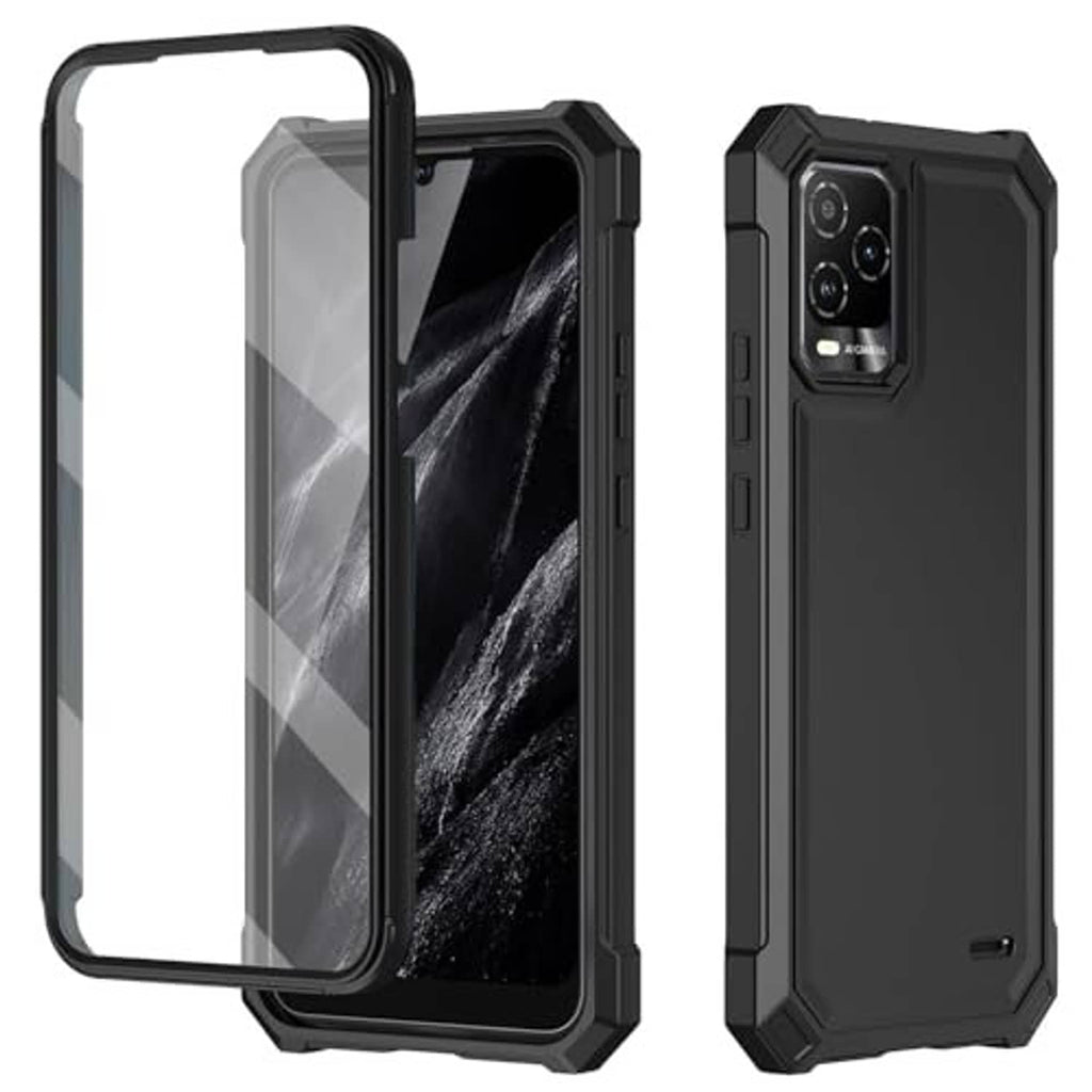 Black rugged phone case with clear screen shield and camera cutout, front and back views
