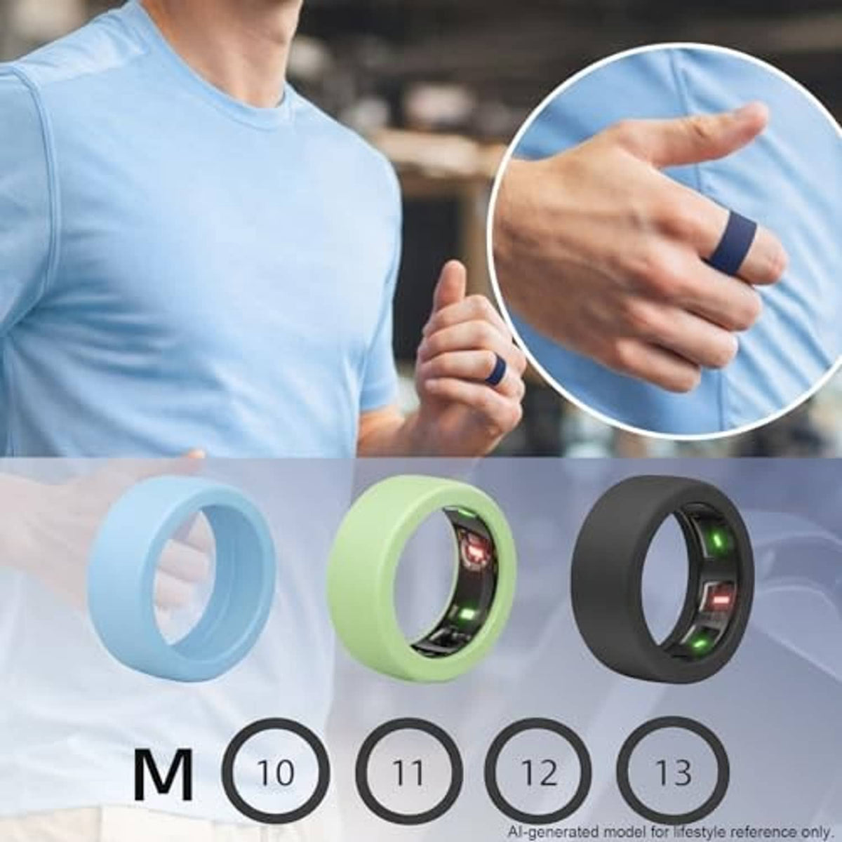 Silicone ring cover sleeves with size options shown, including ring sizes 10–13