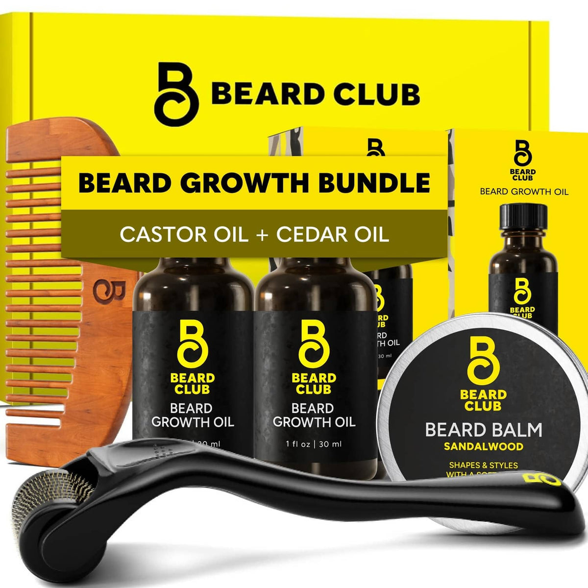 Beard growth kit bundle with beard growth oil, beard balm, comb, and derma roller