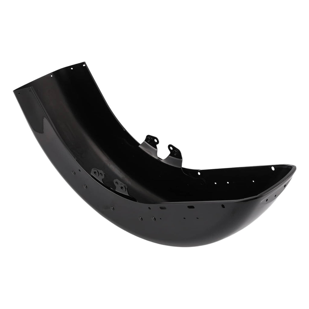 Black wrap front fender, curved profile with underside holes and brackets