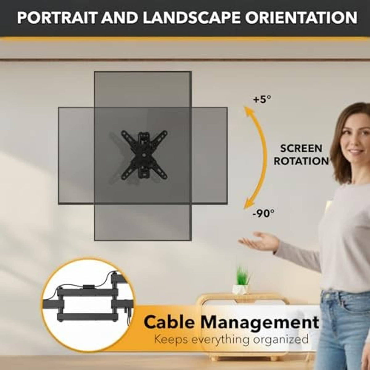 Black TV wall mount showing swiveling plate and screen orientation angles