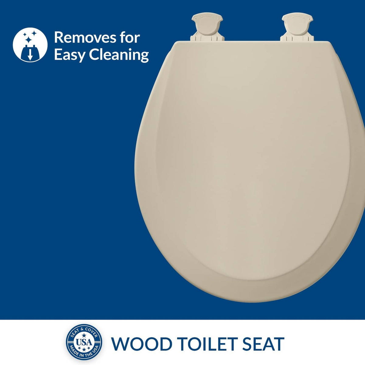 Almond round toilet seat closed with front contour and mounting posts
