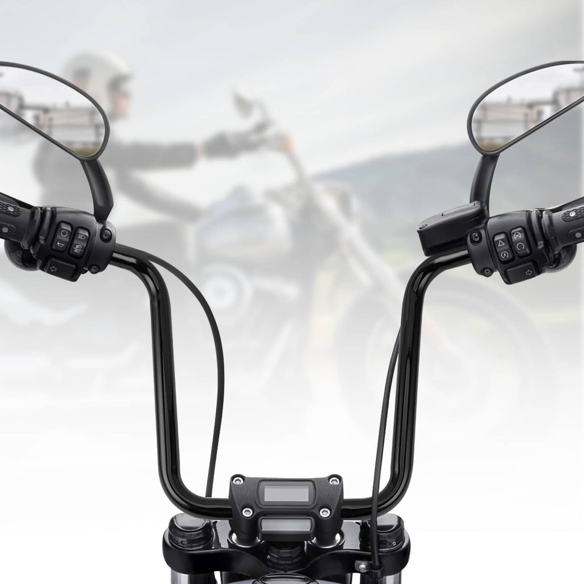 Black ape hanger handlebars with handlebar-mounted switches and screen mount