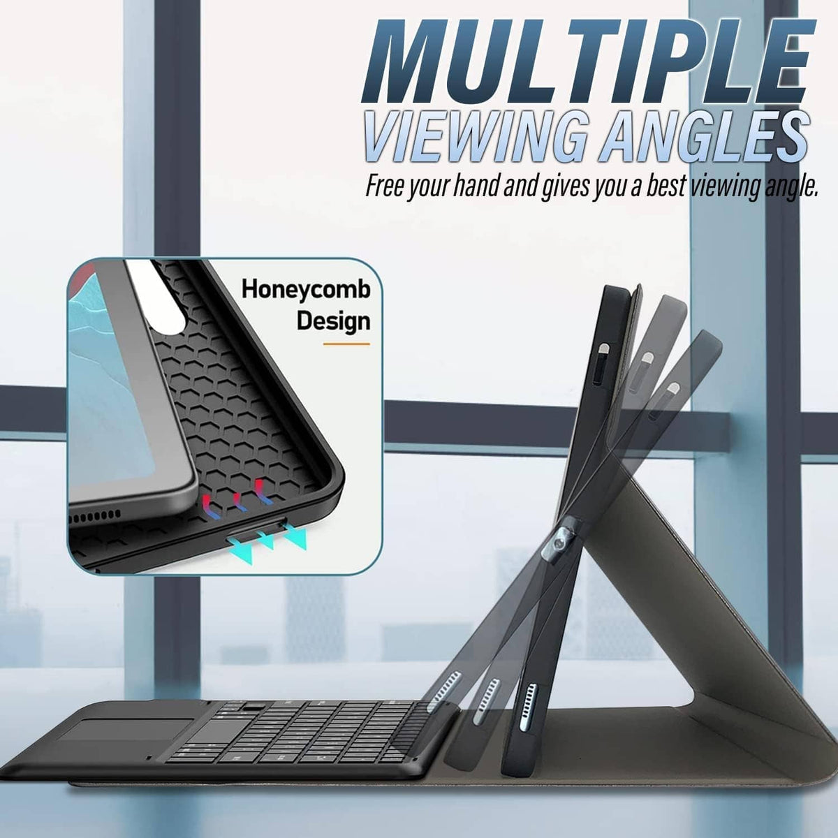 Black tablet keyboard case with multiple viewing angles and keypad folio stand