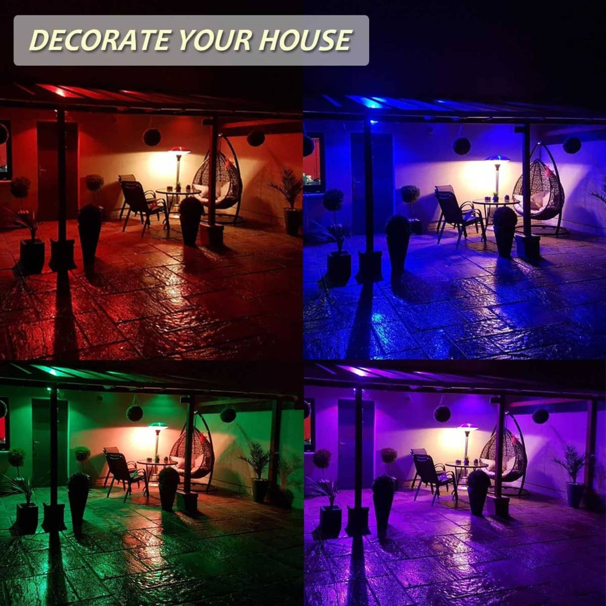 RGB LED flood light casting red, blue, green, and purple light for outdoor use