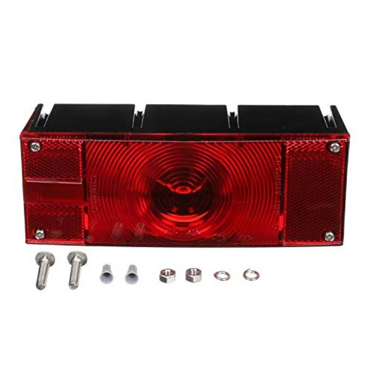 Red universal tail light with black top housing and four corner mounting screws
