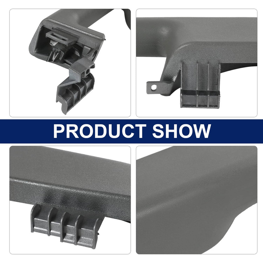 Front door armrest handle, dark gray molded plastic with attachment clips detail