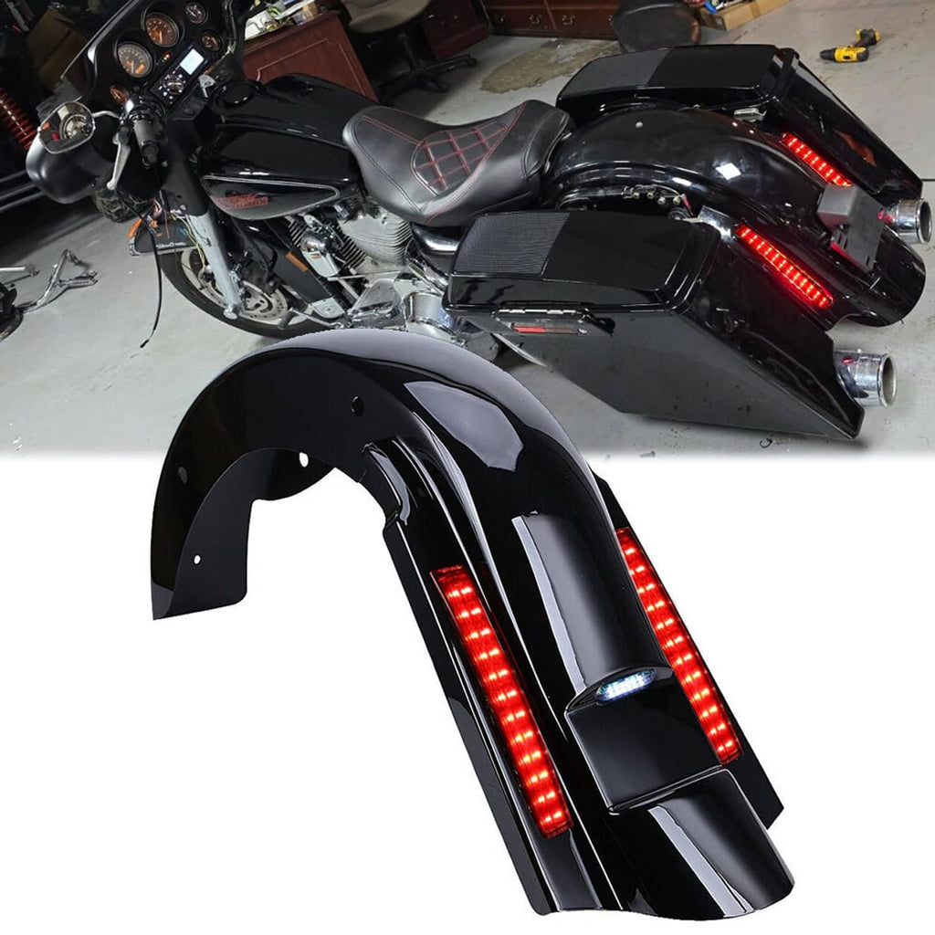 Rear fender with red LED glow strips and chrome-edged mounting area on a motorcycle