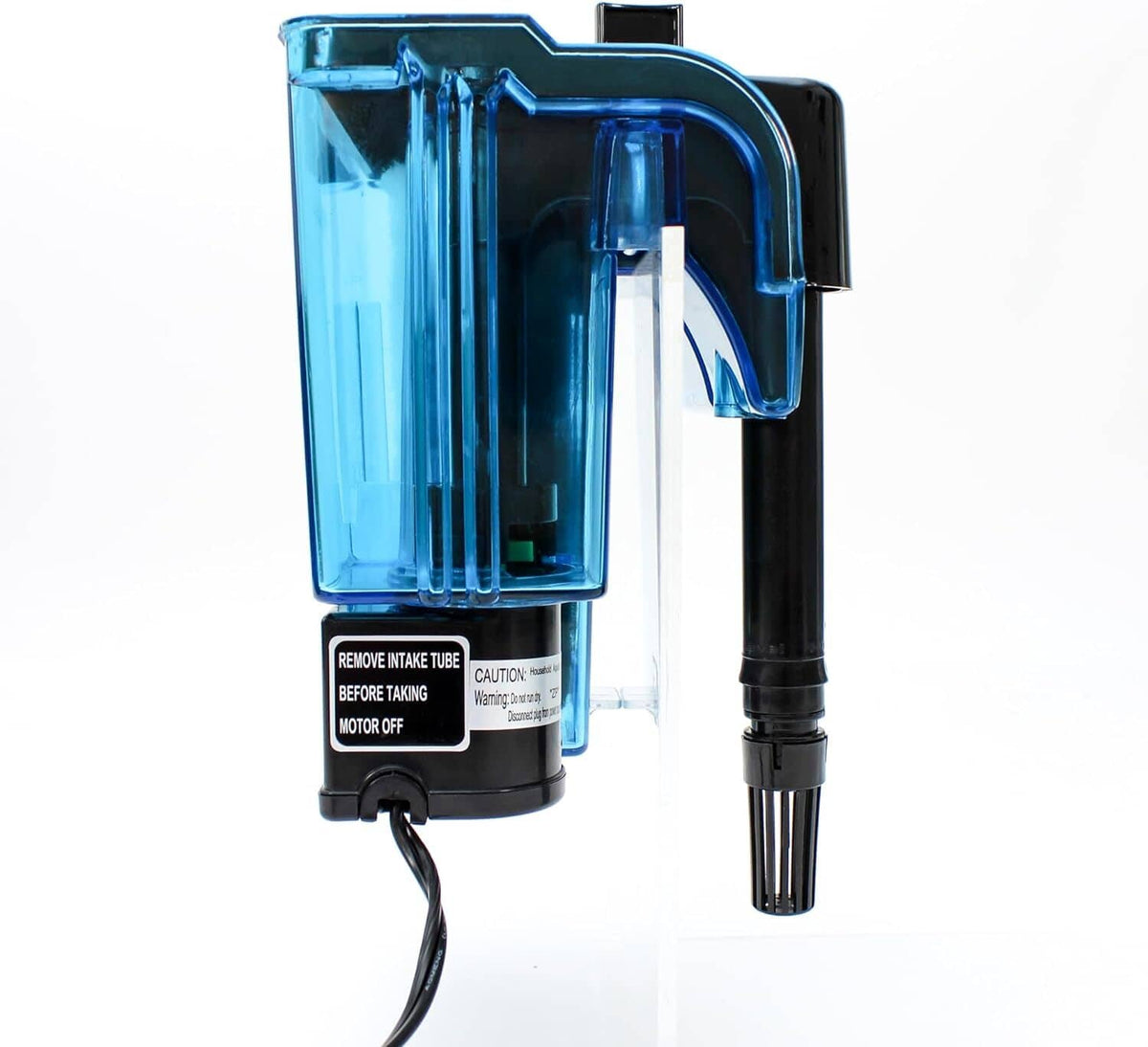 Aquarium power filter with blue chamber and black intake tube for freshwater