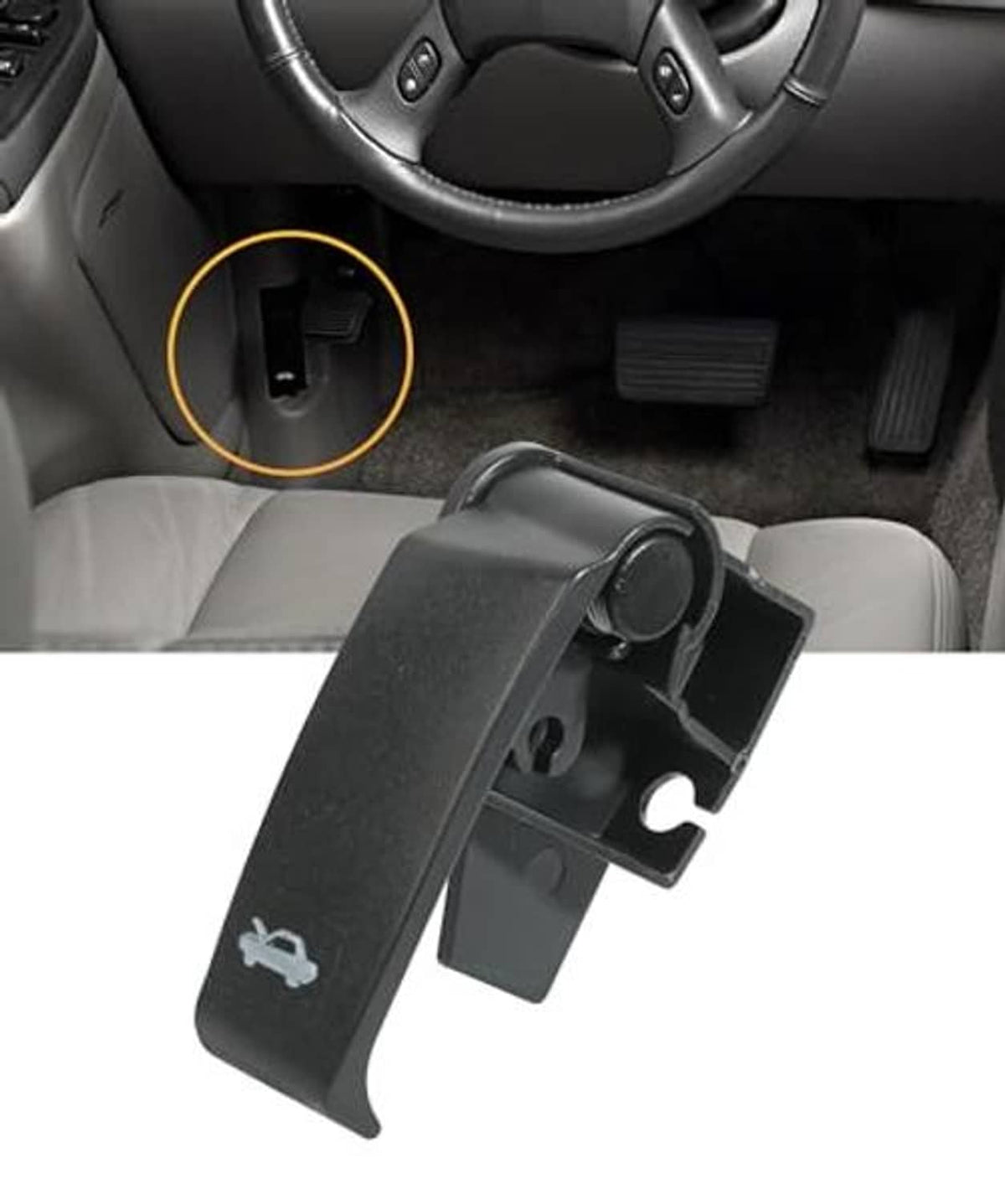 Black hood latch release handle shown installed on vehicle interior panel