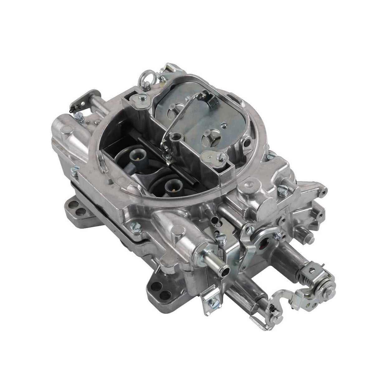 4-barrel square-bore carburetor with manual choke, side view with open air bores