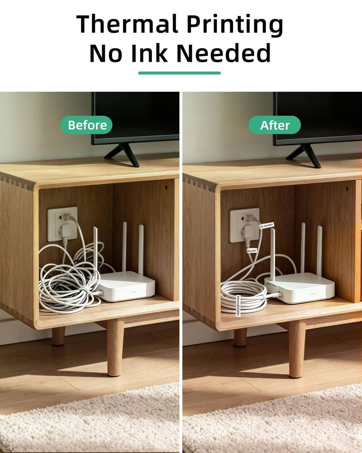 Before-and-after labeled cable organizer shelf showing thermal printing without ink