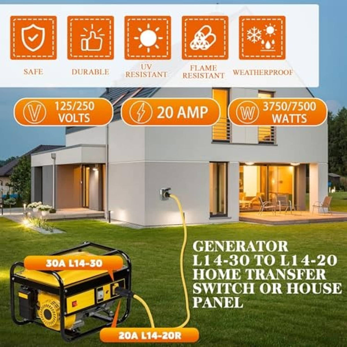 Generator adapter L14-30P to L14-20R on outdoor generator for home transfer switch