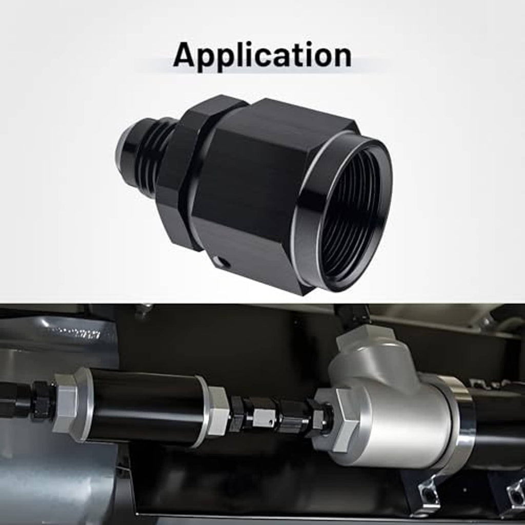 Black flare adapter fitting connected between braided fuel lines with threaded ports