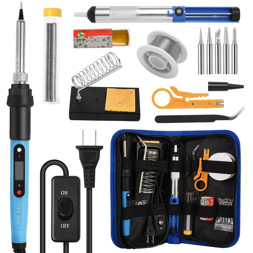 Soldering iron kit with blue case, soldering iron, tips, and assorted accessories