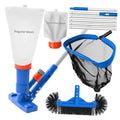 Pool cleaning vacuum kit with mesh leaf rake, blue handle, and nylon brush