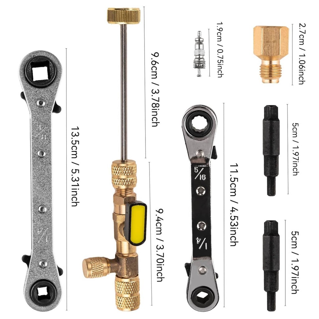 Measured brass valve core remover and hex adapter with black insert and stems