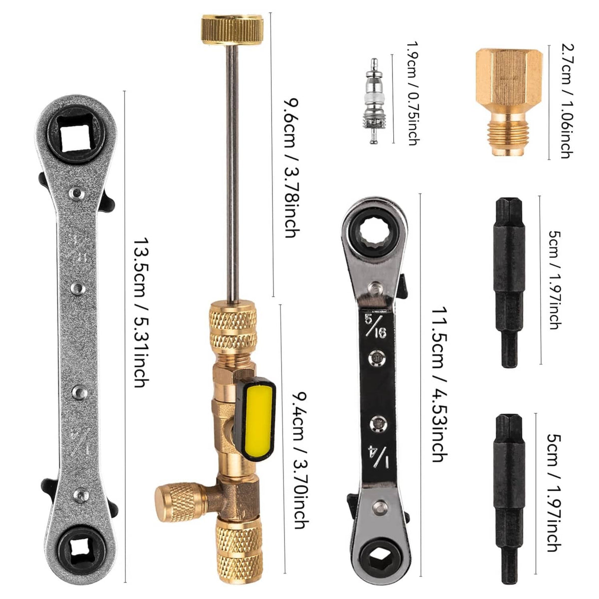 Measured brass valve core remover and hex adapter with black insert and stems