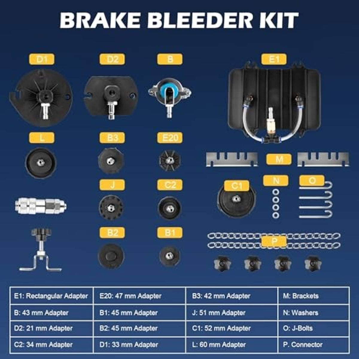Brake bleeder kit parts layout with adapters, hoses, and metal components in tray