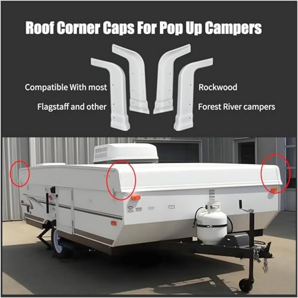 Four white RV roof corner caps positioned on a pop-up camper roof