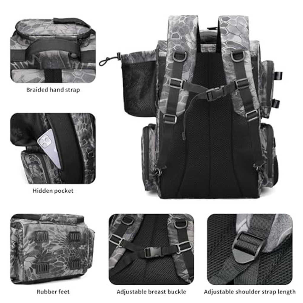 Camouflage black fishing backpack with adjustable shoulder straps, buckles, and rubber feet
