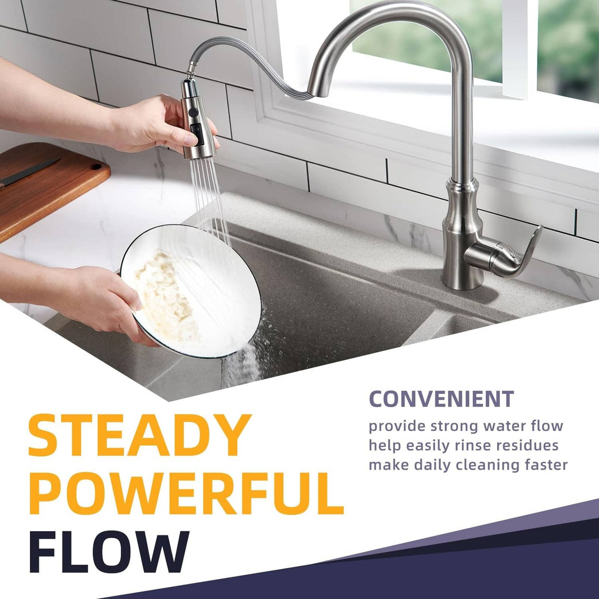 Brushed nickel kitchen faucet with handheld sprayer and steady water flow into bowl