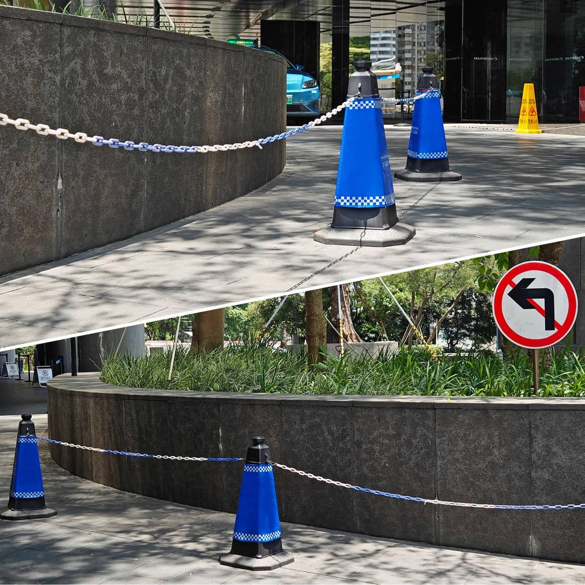 Plastic chain barrier with blue chain links