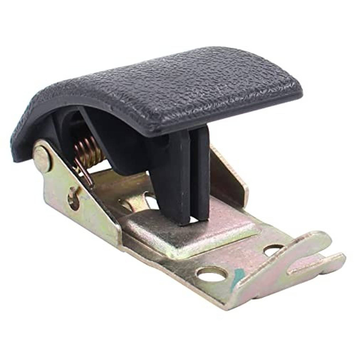 Hood lock release handle angled view with black grip and spring-loaded metal latch