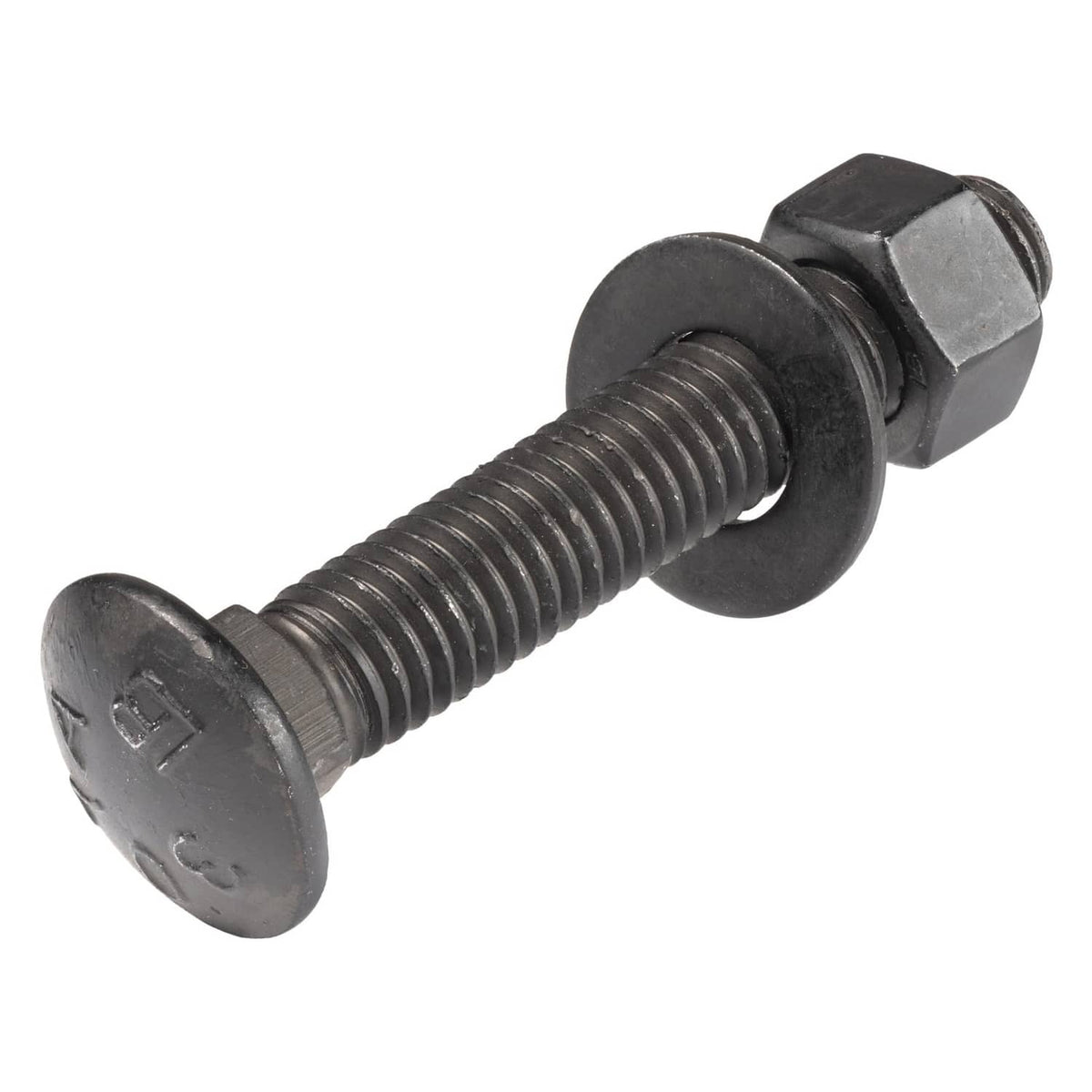 Black carriage bolt with square neck and rounded head, dark finish