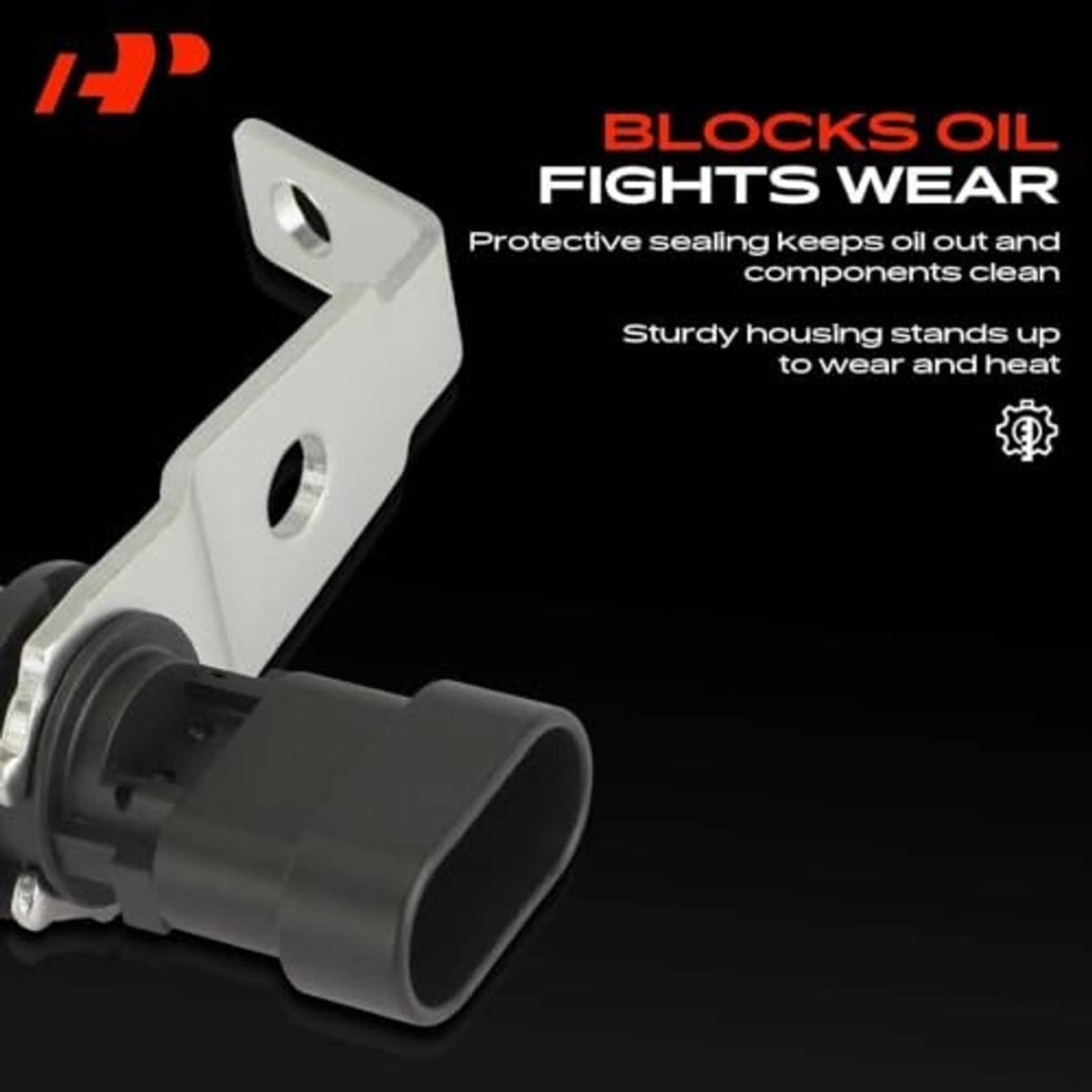 Crankshaft position sensor with protective mounting tab and sealed black connector