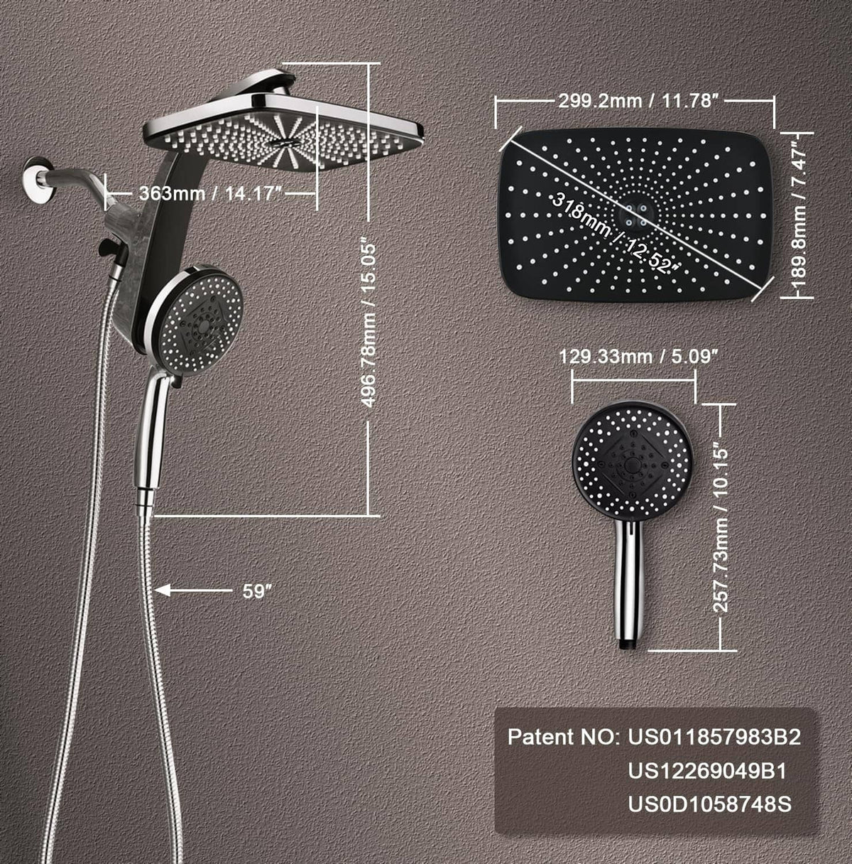 Chrome rain shower head and handheld sprayer with labeled dimensions and nozzle sizes