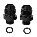 Black fuel rail adapter fitting set, male flare to ORB, with O-ring seals