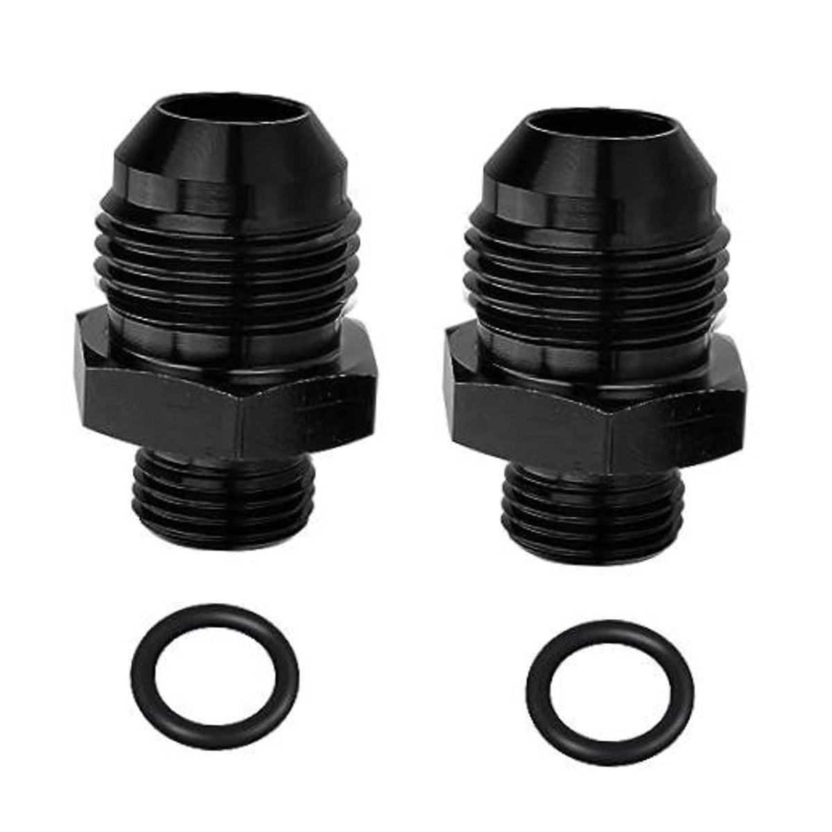 Black fuel rail adapter fitting set, male flare to ORB, with O-ring seals