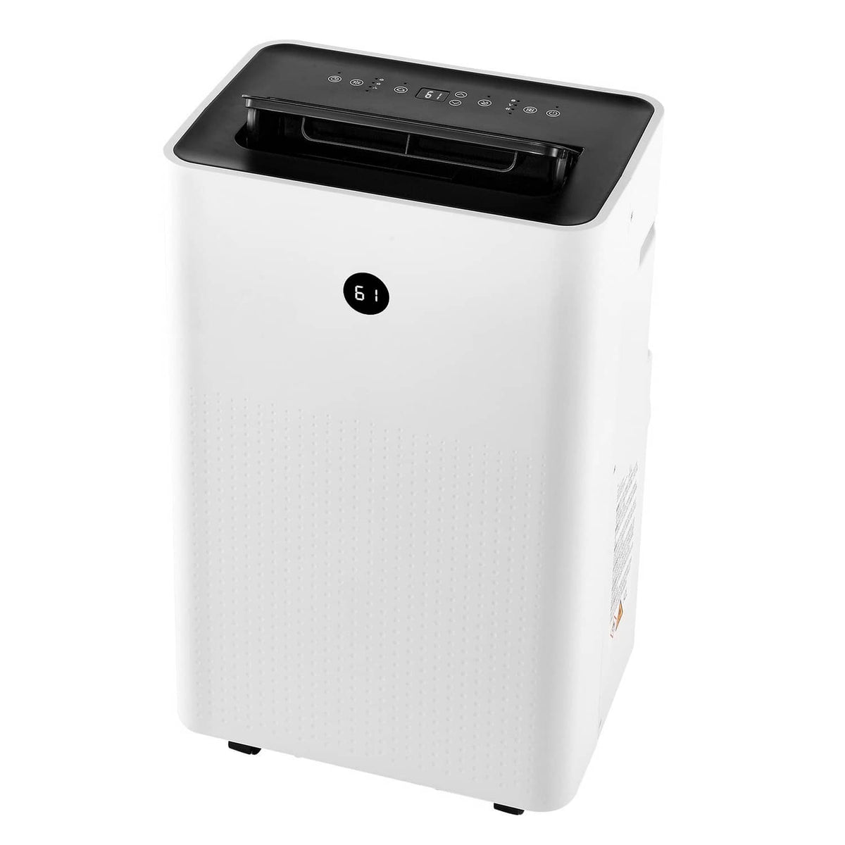 Portable air conditioner heater combo, white top with air outlet grille and control icons