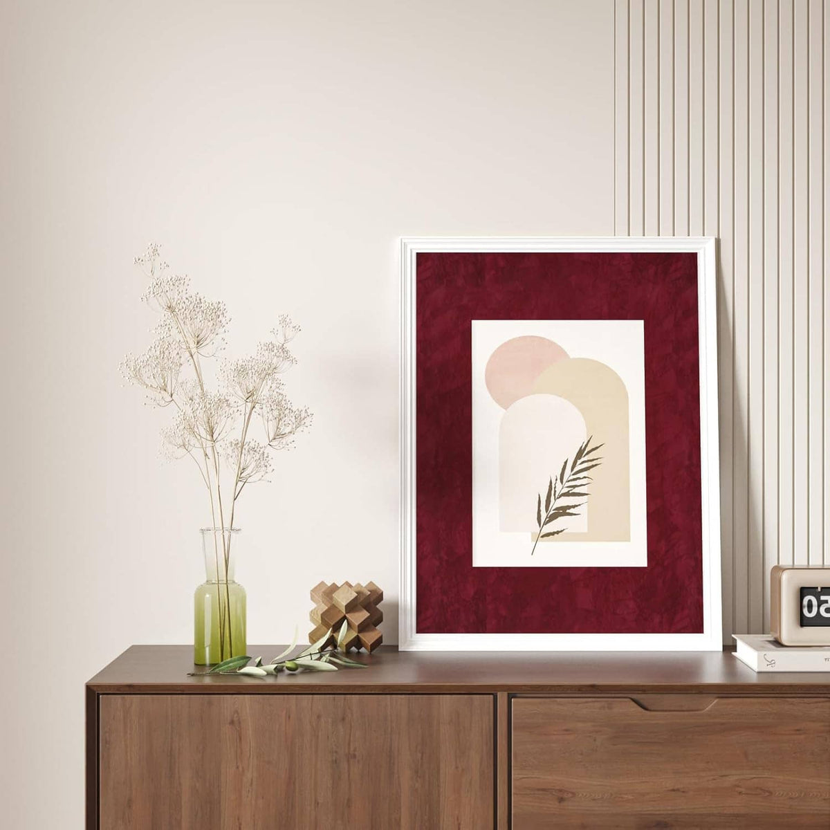 Dark red velvet flocking liner sheet background behind framed wall art