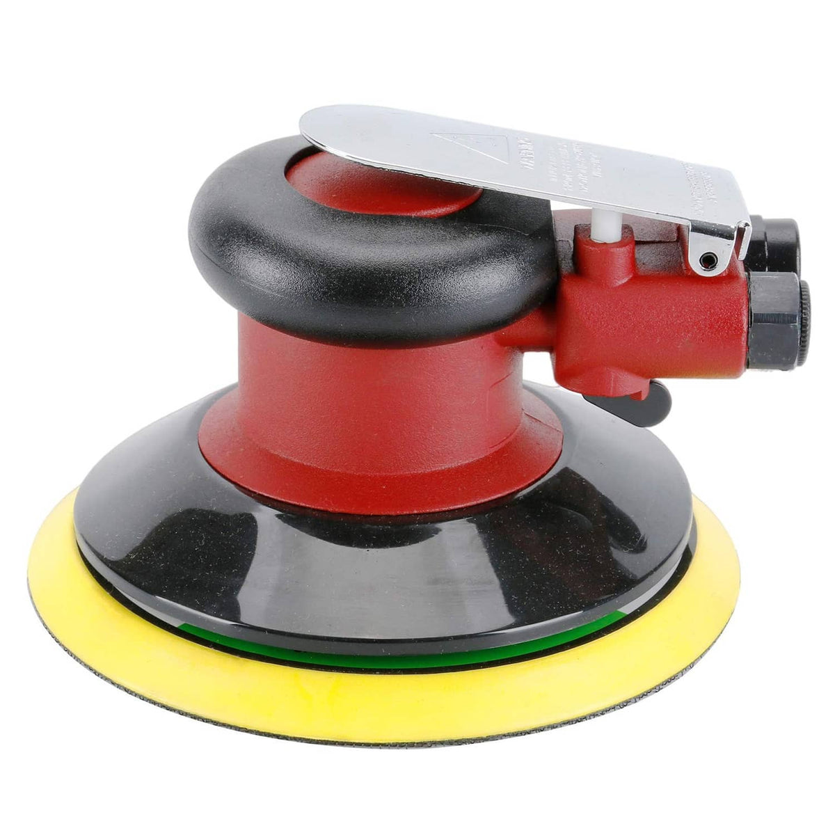 Random orbital palm sander with red body, black grip, and yellow sanding pad