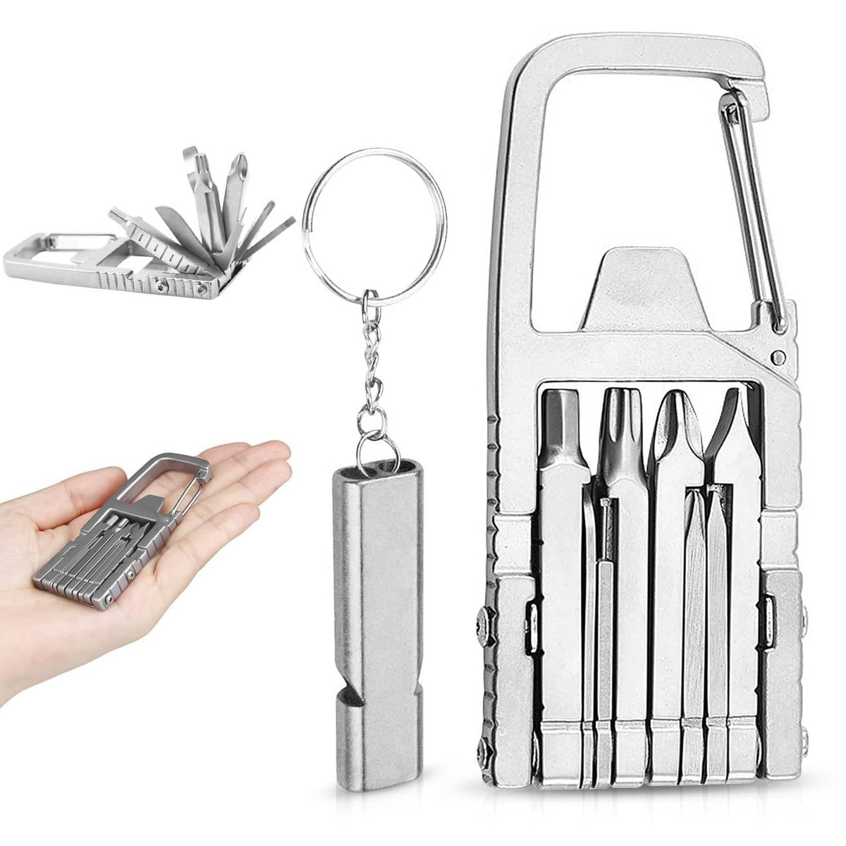 Stainless steel mini multi-tool keychain with wrench-like bit tools and key ring