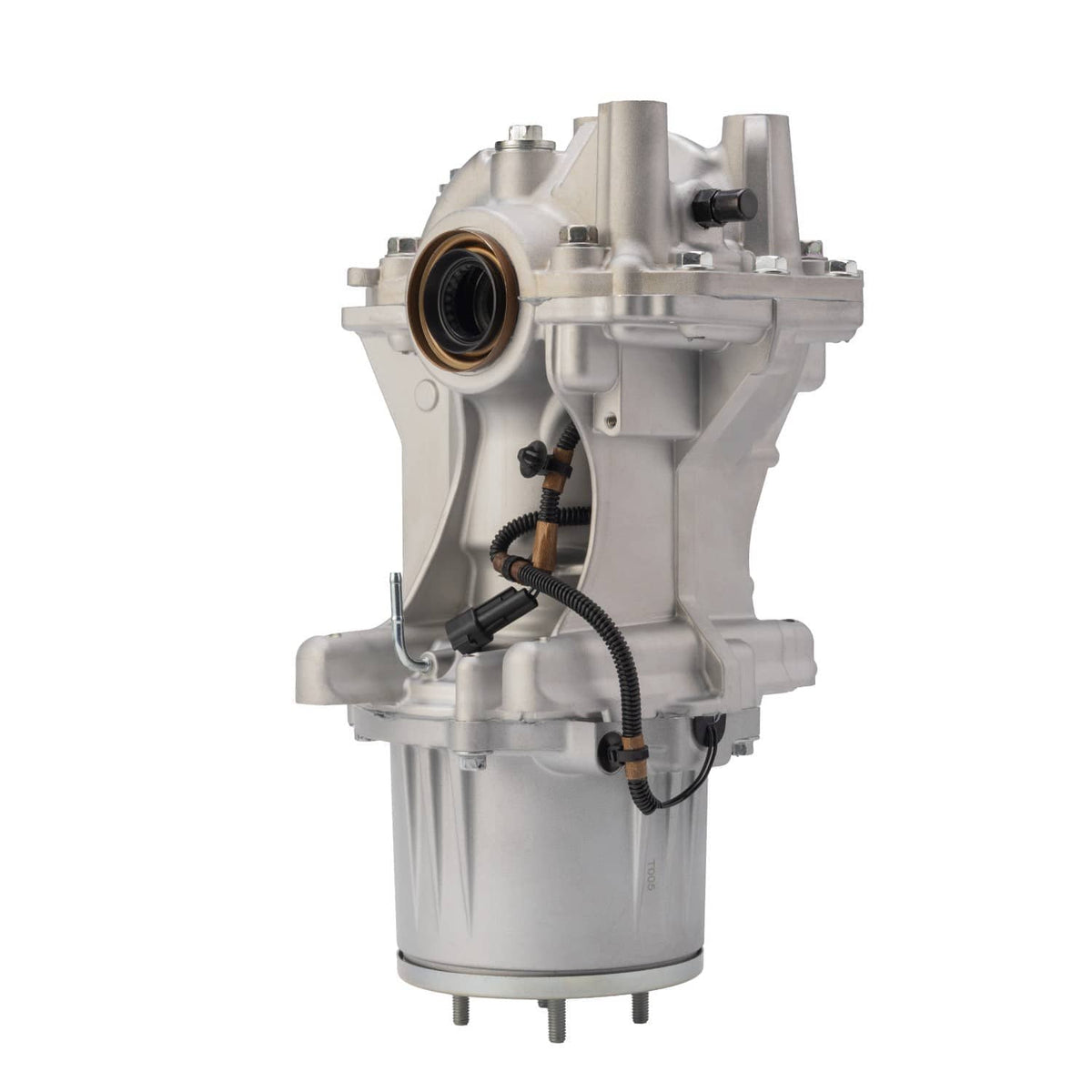 Rear axle differential carrier with coupling unit, side view showing oil seal and wiring