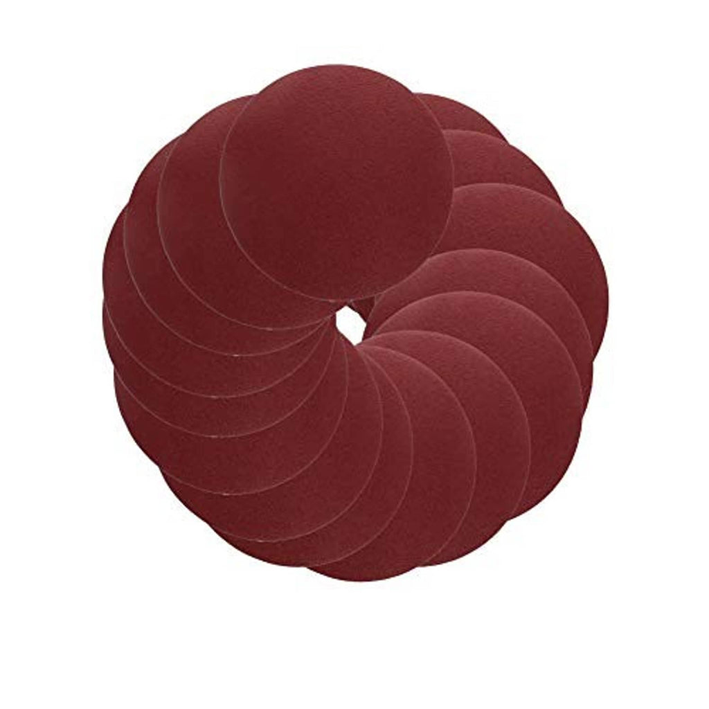 Assorted maroon sanding discs stacked together in a round pile