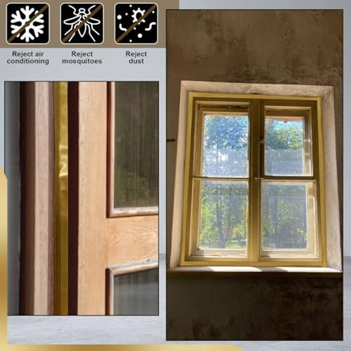Bronze spring weatherstripping applied along window frame edges