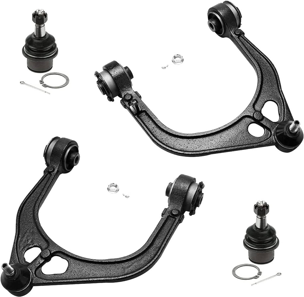 Pair of black front control arms with ball joints, bushings, and small hardware