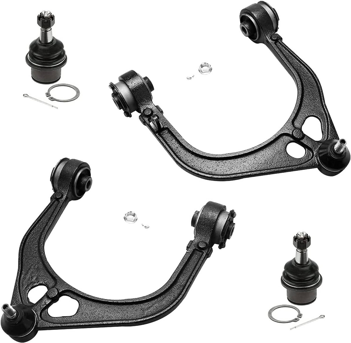 Pair of black front control arms with ball joints, bushings, and small hardware