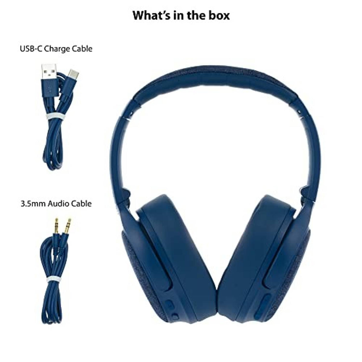 Blue over-ear headphones with USB-C and 3.5mm audio cables