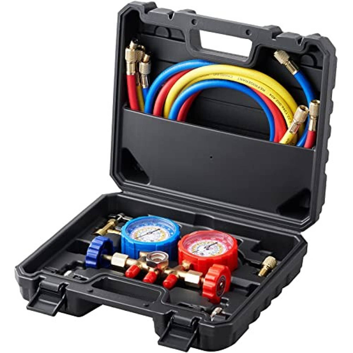 3-way manifold gauge set kit with two pressure gauges, colored hoses, and metal fittings in case
