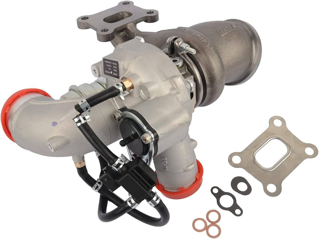 Turbocharger assembly close-up with red cap, black wiring, and included gasket pieces