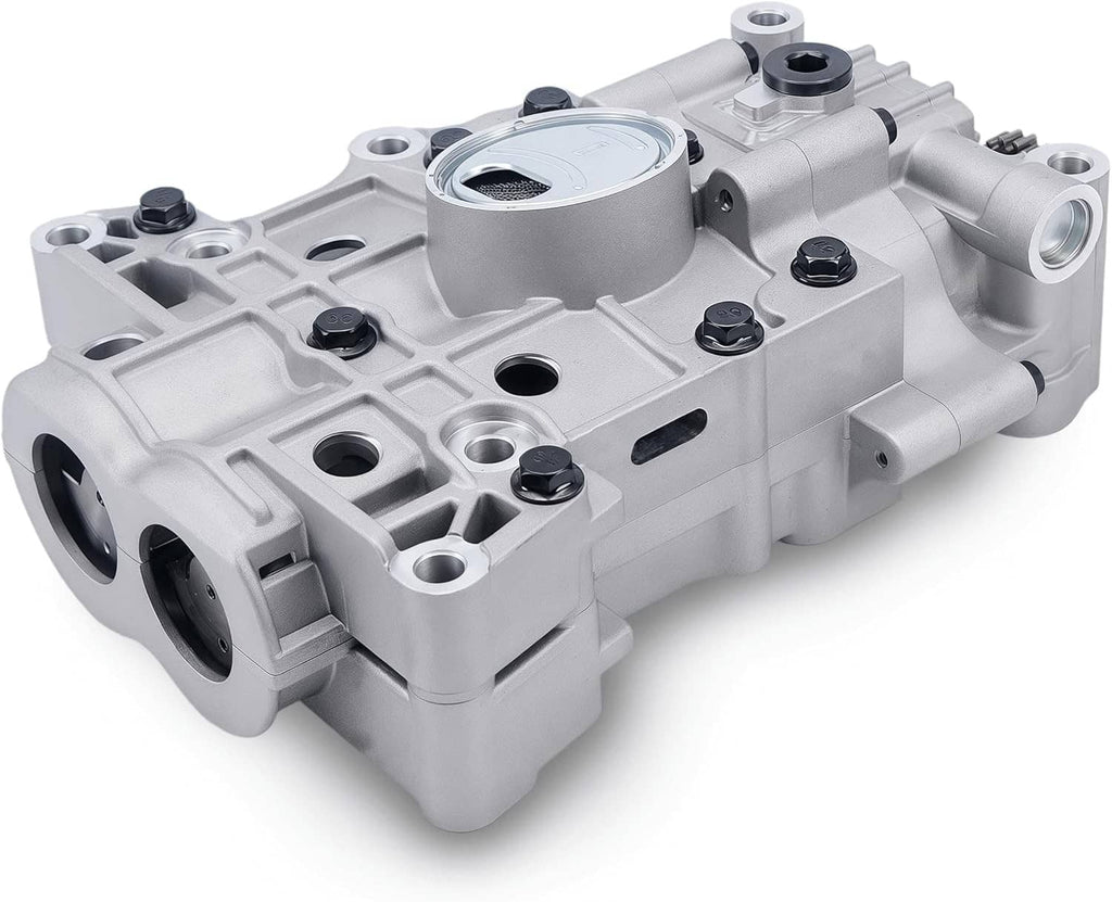 Silver oil pump balance unit with circular strainer cover and bolt points