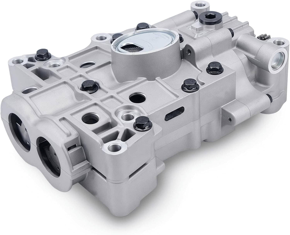 Silver oil pump balance unit with circular strainer cover and bolt points