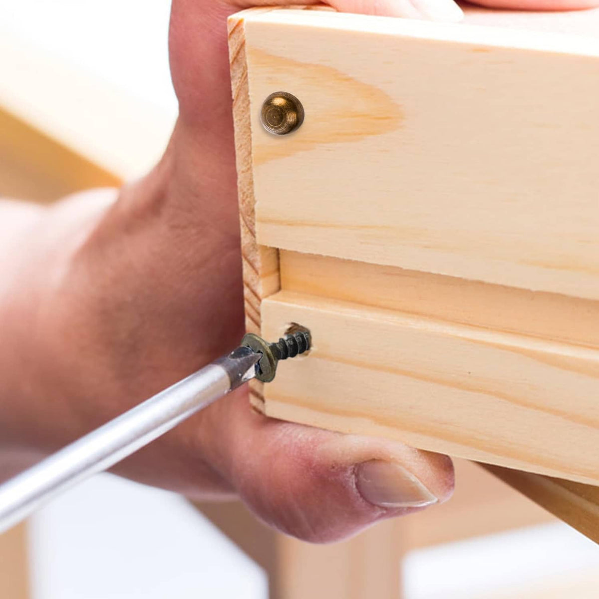 Hand installing a bronze capped self-tapping screw into a wooden corner