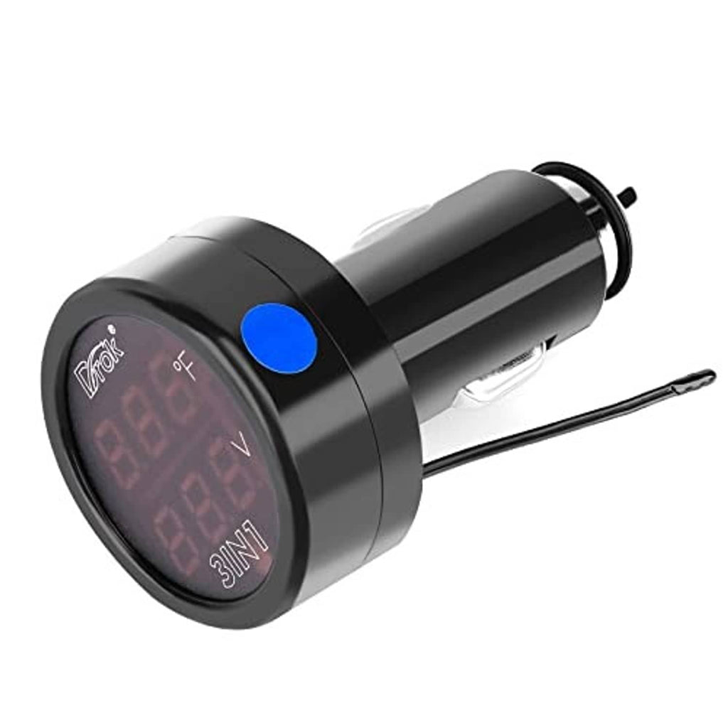 Black car USB charger monitor with blue indicator button on top